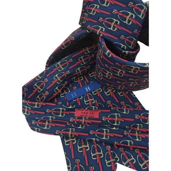 HERMÈS 548 IA VINTAGE Blue Horse Bit Silk Tie FRANCE 55"/ 4.5" EC